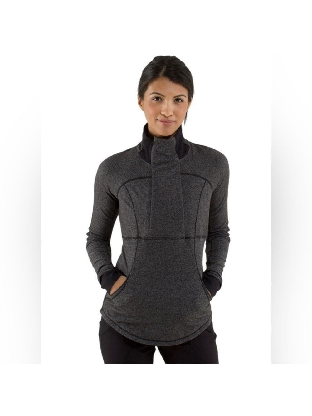 Lululemon Base Runner 1/2 Zip Heathered Herringbone Heathered Black - Size 4